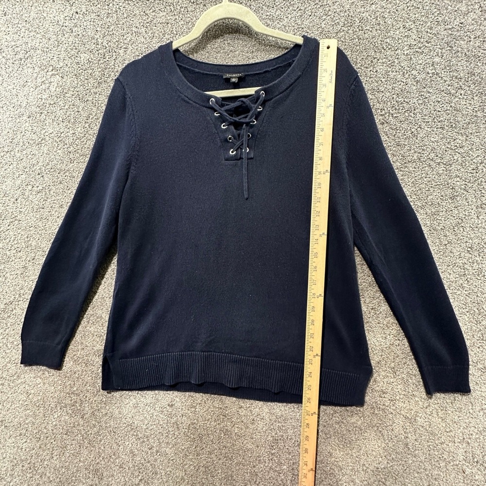 Talbots Blouse Top Women Medium Navy Blue Lace Up‎ V Neck Long Sleeve - Picture 4 of 6